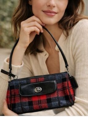 Coach Red Wool & Leathear and Black   Plaid Shoulder Bag